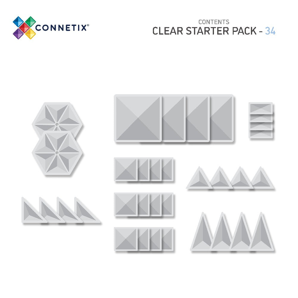 Set de construcție magnetic, Clear Starter Pack, Connetix Tiles, 34 piese, 3 ani+