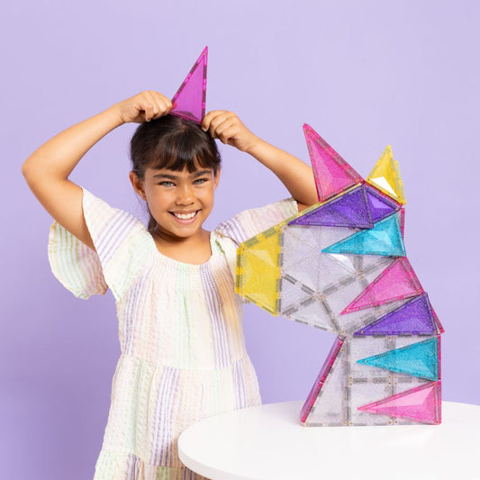 Set de construcție magnetic, Glitter Unicorn Pack, Connetix Tiles, 56 piese, 3 ani+