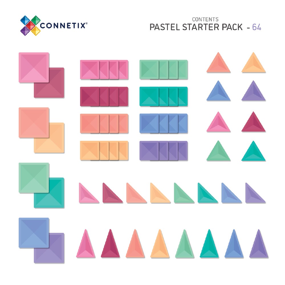 Set de construcție magnetic, Pastel Starter Pack, Connetix Tiles, 64 piese, 3 ani+