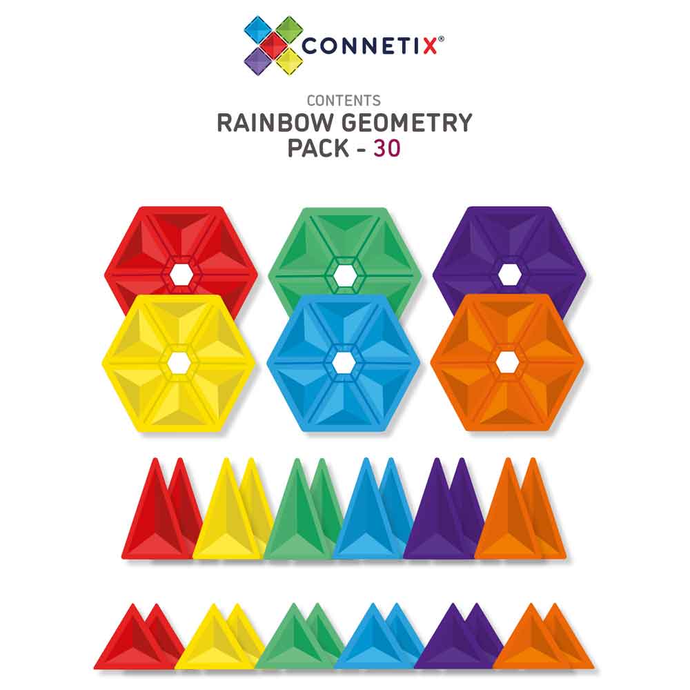 Set de construcție magnetic, Rainbow Geometry Pack, Connetix Tiles, 30 piese, 3 ani+