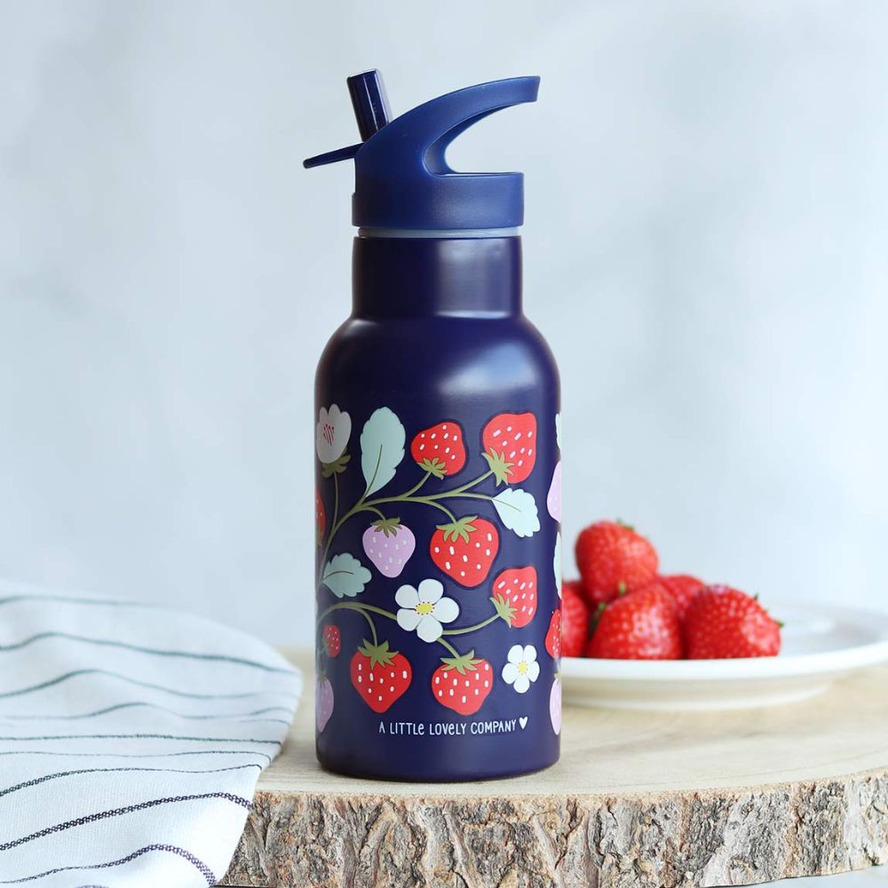 Sticlă de apă copii din oțel inoxidabil, Strawberries, A Little Lovely Company, 350 ml, 6 luni+