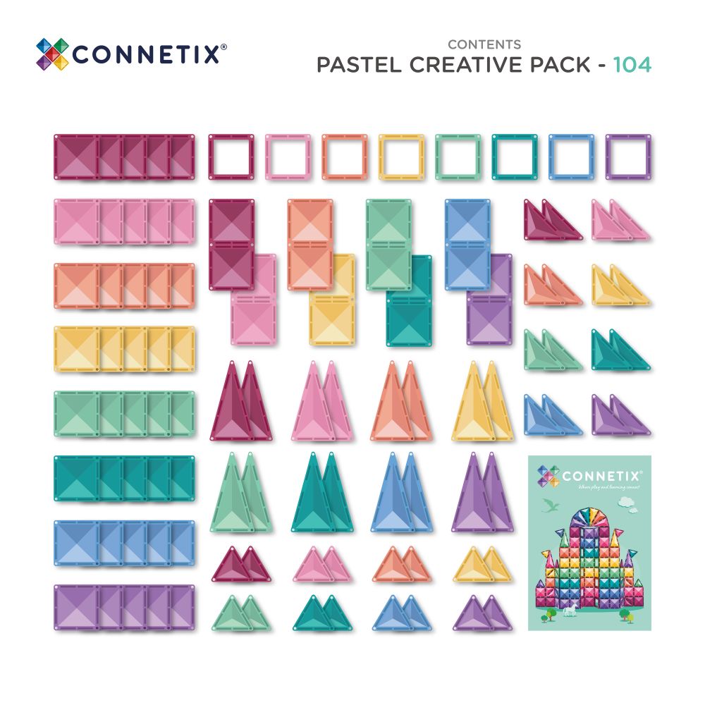 Cele 104 piese incluse în Connetix Pastel Creative Pack