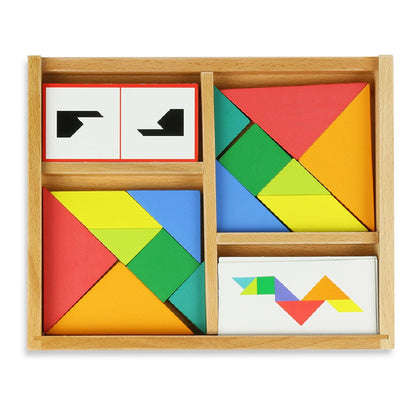 Joc educativ Tangram, Puzzle dublu din lemn, Vilac, 100 piese, 5 ani+