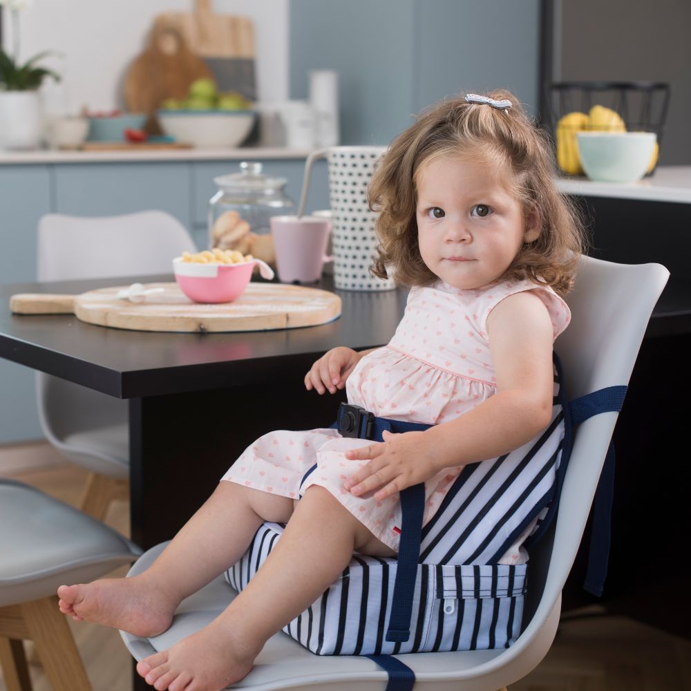 Scaun portabil de masă bebelusi, Easy Up-Blue Stripes, Baby To Love, 6 luni+