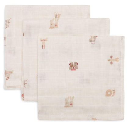 Set 3 museline din bumbac tip batistă, Animal Friends, Jollein, 31x31 cm, OEKO-TEX