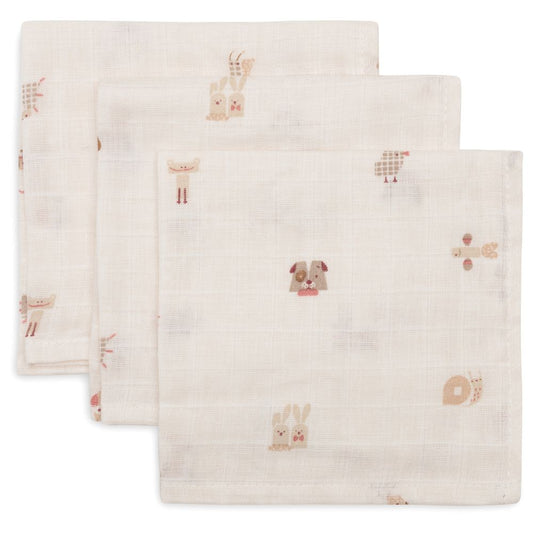 Set 3 museline din bumbac tip batistă, Animal Friends, Jollein, 31x31 cm, OEKO-TEX