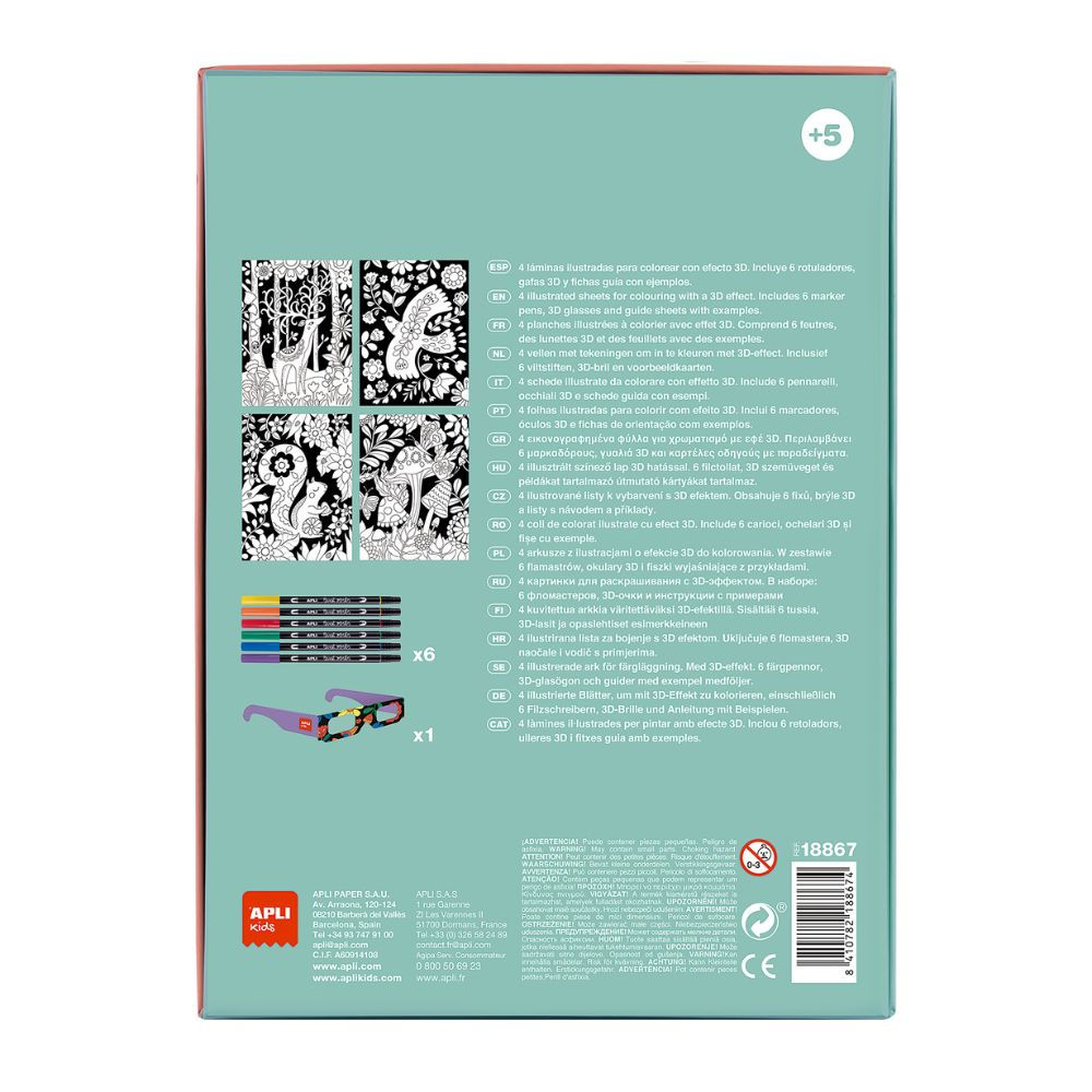 Set creativ de colorat 3D cu markere și ochelari speciali,APLI, 5 ani+
