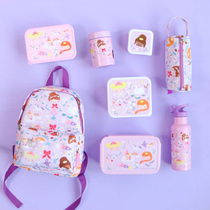 set ghiozdan penar cutie bento sticla inox copii model printese