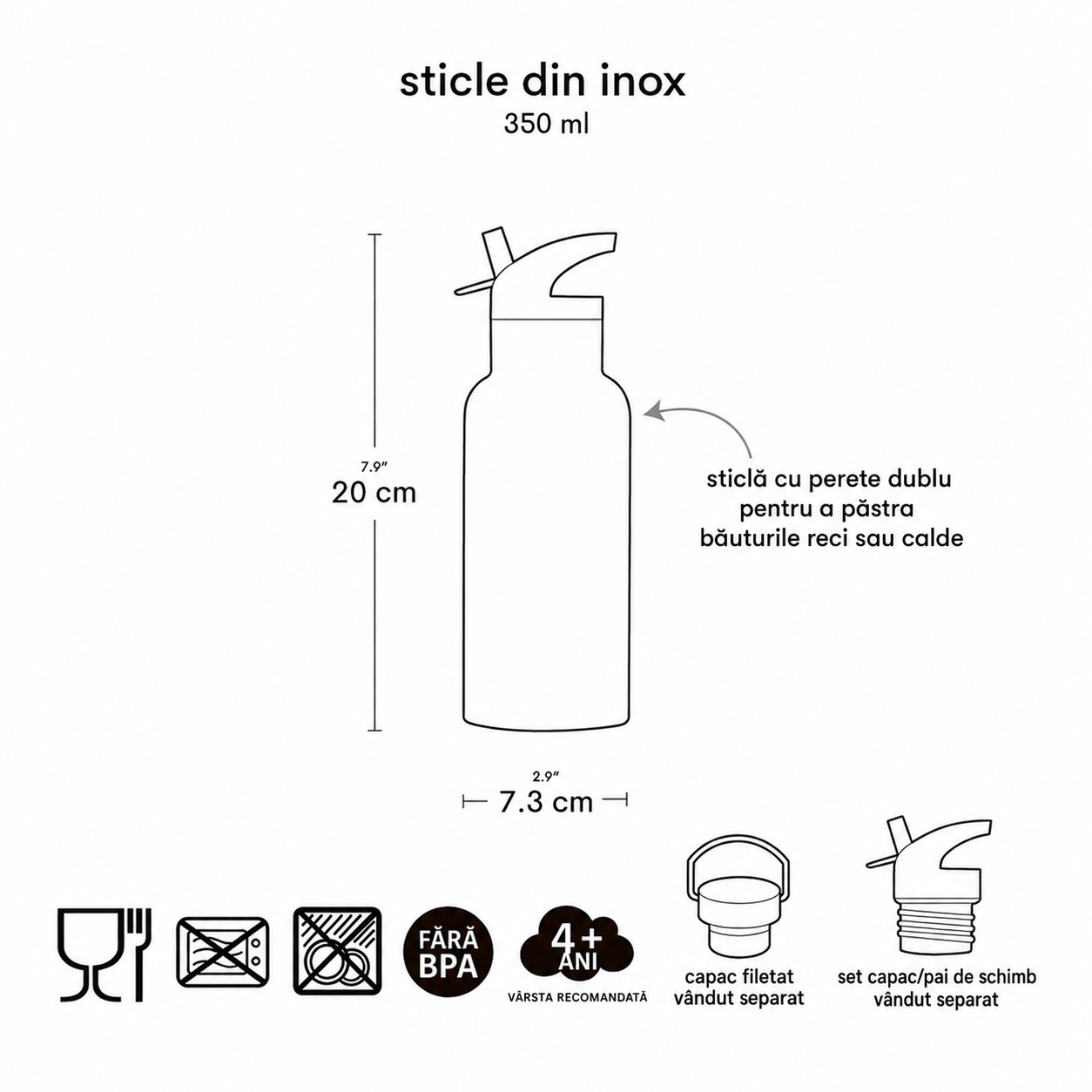 Sticlă de apă copii din oțel inoxidabil, Prințese, A Little Lovely Company, 350 ml