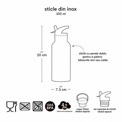 Sticlă de apă copii din oțel inoxidabil, Jungle, A Little Lovely Company, 350 ml