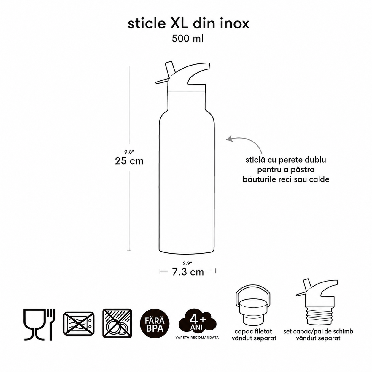 Sticlă de apă XL copii din oțel inoxidabil, Prințese, A Little Lovely Company, 500 ml