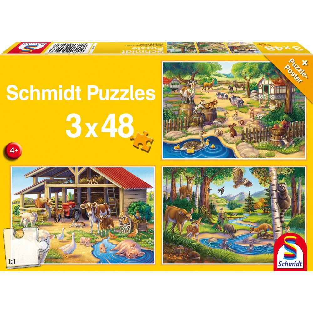 Set 3 Puzzle-uri, Schmidt, Animale preferate, 3x48 piese, 4 ani+