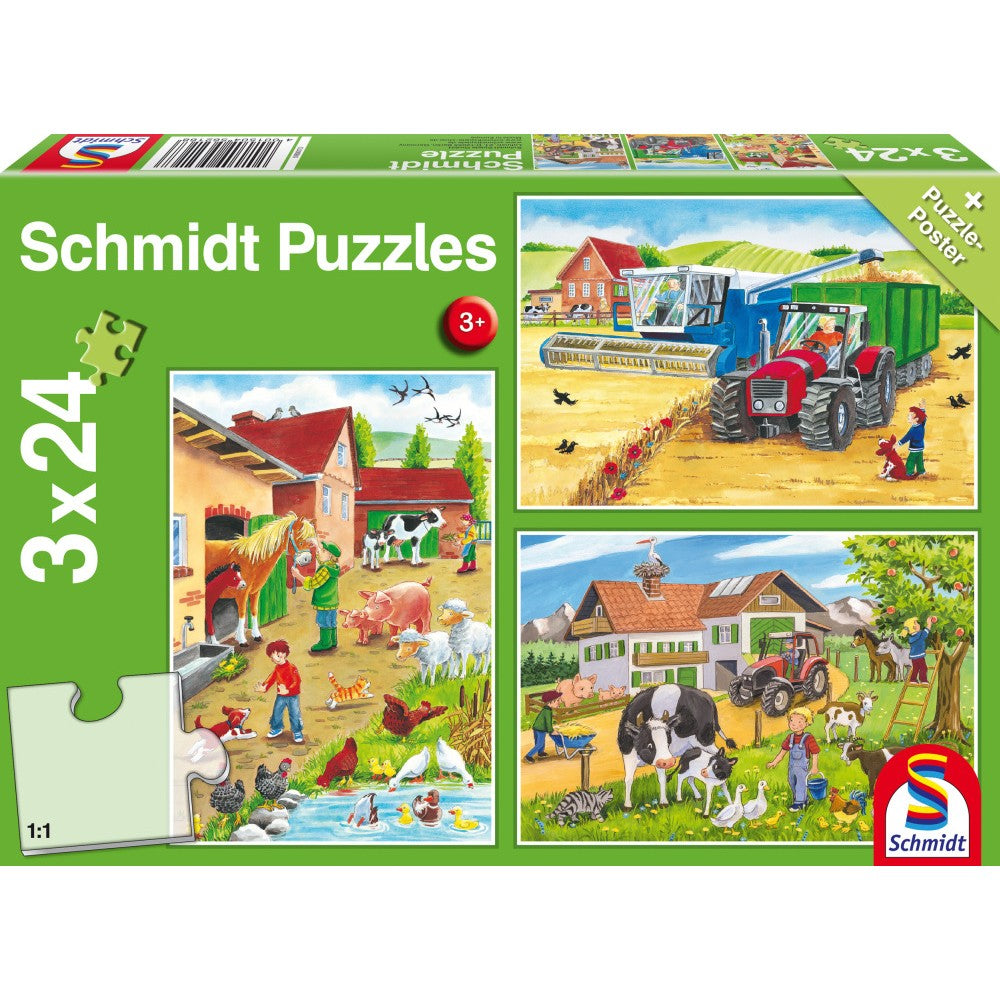 Set 3 Puzzle-uri, Schmidt, La ferma, 3x24 piese, 3 ani+